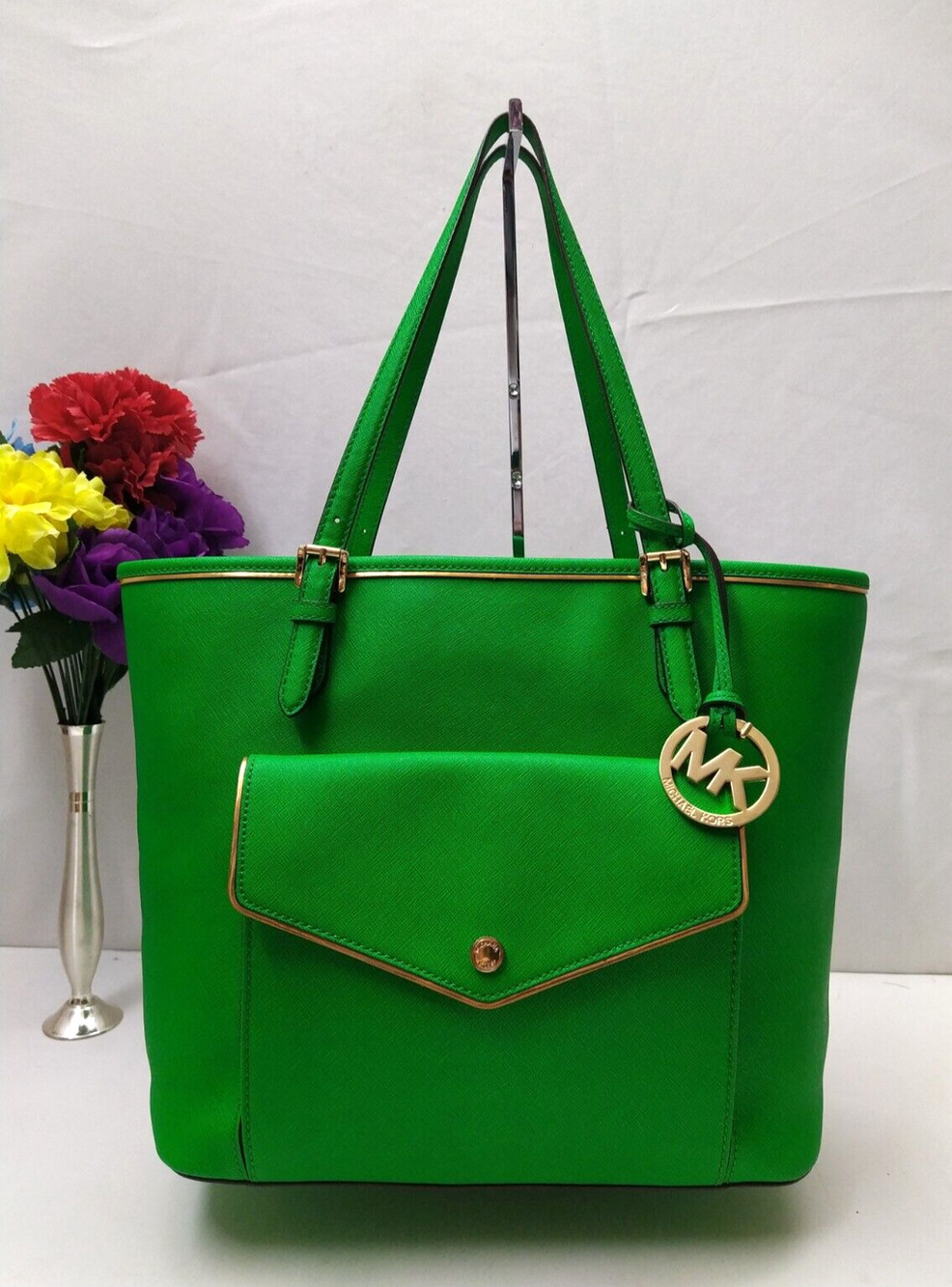 Michael Kors Jet Set Green Leather Pocket Double Handles Tote Bag